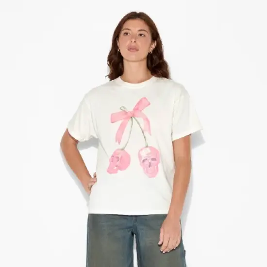 Women's Skulls Bow Oversized Graphic T-Shirt - White image {1}