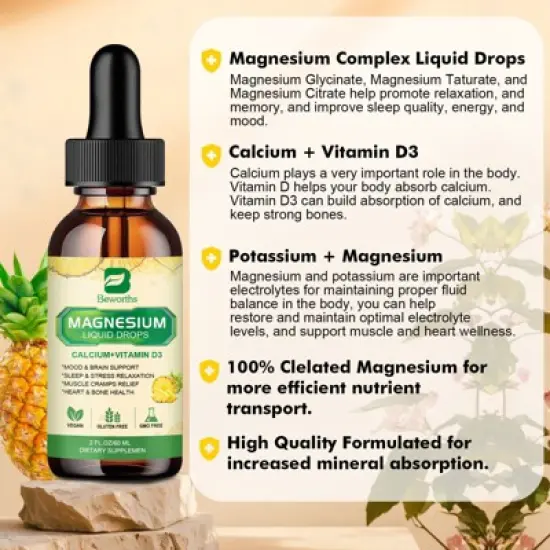 B Beworth Magnesium Liquid Drop with Calcium, Potassium, Vitamin D3, Zinc - for Bone, Energy, Muscle Support - 60ml (Pineapple) image {5}