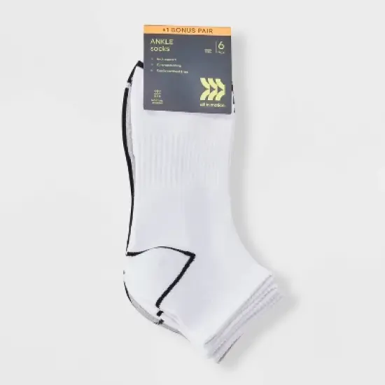 Men's Striped Ankle Socks 6+1pk - All in Motion&trade; Black/Gray/White 6-12: Recycled Polyester, Cotton, Nylon, Spandex, Knit image {1}