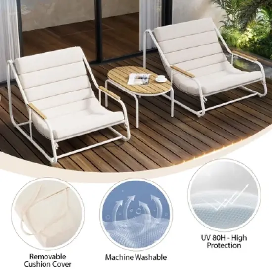 3 PCS Outdoor Patio Chaise Lounge Chair Set with Acacia Side Table, Cushioned Chair Pool Lounge Chair for Lawn Deck Beach,Beige+Black/White-ModernLuxe image {5}