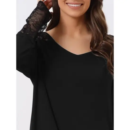 cheibear Women's Lace Trim Long Sleeves Pull-on Nightshirt Dress image {3}