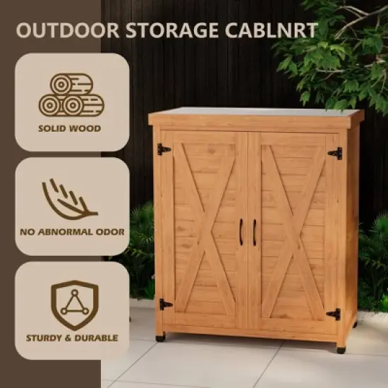 WELLFOR Outdoor Potting Bench with Storage Cabinet and Metal Table Top Light Brown image {5}