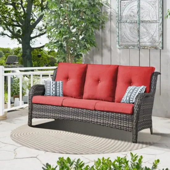 POCASSY 74" Wide Outdoor Wicker Patio Sofa with Cushions, All Weather Wicker Furniture Sofa 3 Seater Couch for Porch, Deck, Balcony image {15}