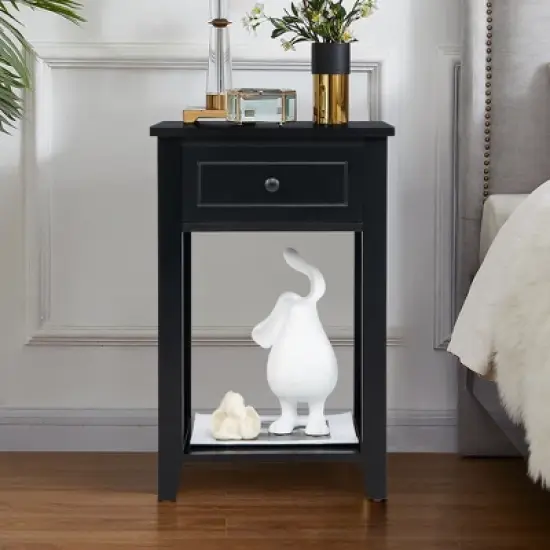 Costway Nightstand Chair Side End Table with Drawer & Shelf Bedroom Furniture White\ Brown\Black image {2}