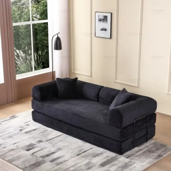 Convertible Sofa Couch with Cylindrical Pillows, Corduroy Folding Floor Sofa with Fixed-Shape Frame for Living Room-Maison Boucle image {7}