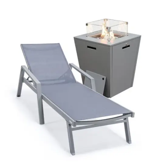 LeisureMod Marlin Modern Grey Aluminum Outdoor Patio Chaise Lounge Chair With Arms and Square Fire Pit Side Table image {18}