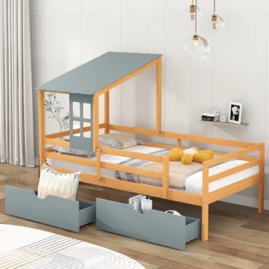 Twin Size House Low Loft Bed with Two Storage Drawers - ModernLuxe image {10}