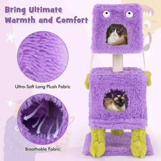 Tangkula Cat Tree Cute Monster-Themed Cat Tower w/ 2 Private Condos & Soft Long Plush image {6}