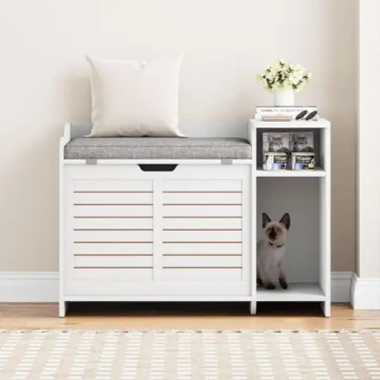 coucheta Top-Opening Hidden Cat Litter Box Enclosure, Disguised Litter Box Furniture Cabinet with Cushion & Storage Shelf, Wooden Pet House Side Table image {9}