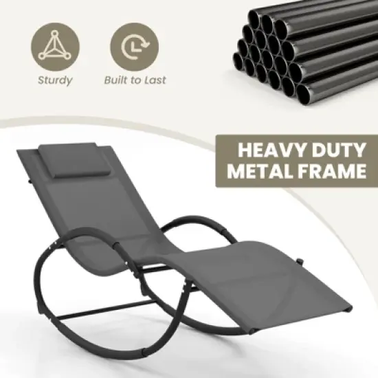 Costway 1/2 PCS Outdoor Rocking Lounge Chair with Removable Headrest Breathable Backrest & Seat Grey image {7}