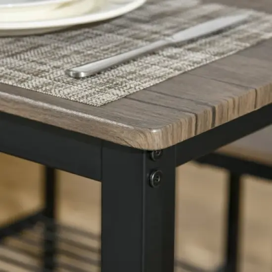 HOMCOM Industrial Dining Table Set, Kitchen Table and Chairs for 4, Dinner Table with Bench Set Metal Frame Storage Shelf, Dinette Set, Rustic Brown image {4}