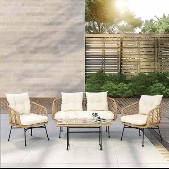 4-Piece PE Rattan Patio Set w/ Loveseat, Sofa & Coffee Table - Outdoor Conversation Set for Backyard image {2}