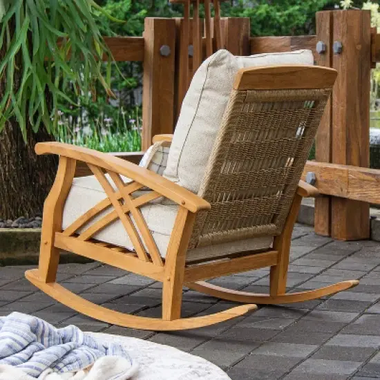 Cambridge Casual 3pc Carmel Teak Wood Outdoor Patio Small Spaces Rocker Conversation Set with Tan Cushions image {3}