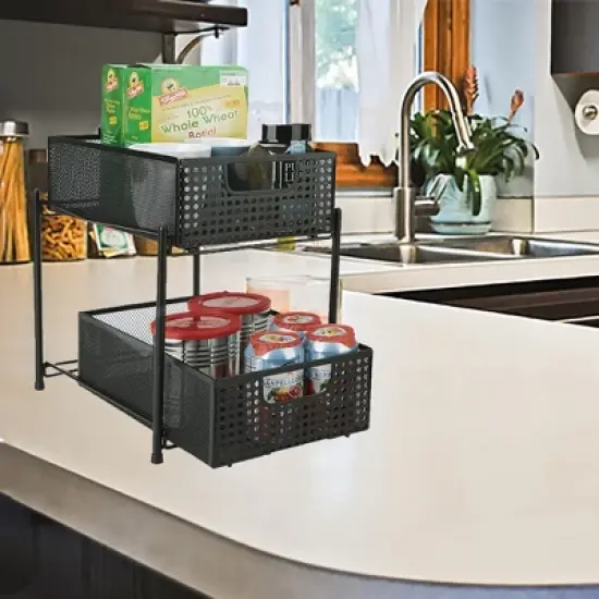 Mind Reader Metal Mesh Heavy Duty Organizer [2 TIER] Slide Out Basket Drawer For Kitchen, Bathroom, Office Desk (BLACK) image {5}