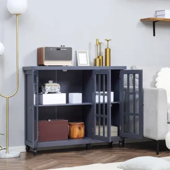 HOMCOM Modern Kitchen Sideboard, Buffet Cabinet with Storage, Adjustable Shelves for Living Room, Study, 3 Glass Doors, Gray image {4}