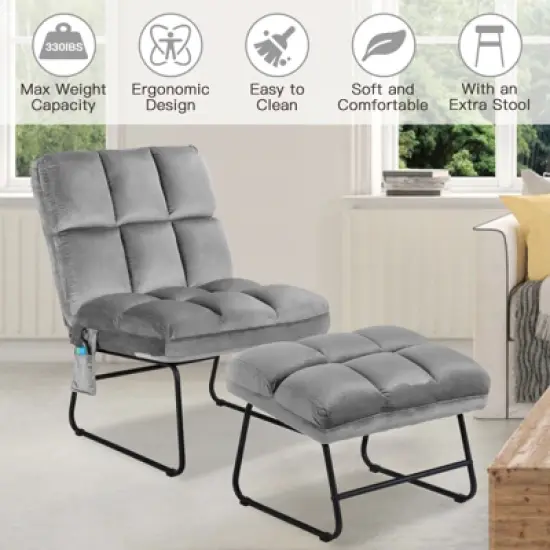Costway Electric Massage Chair Vibrating Velvet Sofa w/Ottoman and Remote Control Gray image {3}
