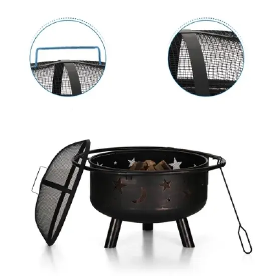 Captiva Designs 30" Star & Moon Bonfire Wood Burning Round Fire Pit E02GS051 Black: Outdoor Heating, Mesh Screen, Fire Poker image {4}