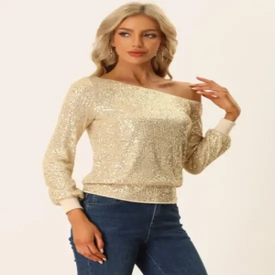 Allegra K Off Shoulder Sequins Tops for Women's Disco Party Sparkly Glitter Top image {3}