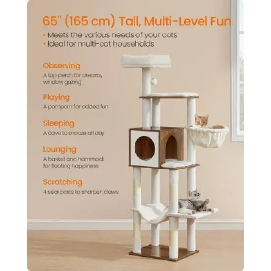 65-Inch Multi-Level Cat Tree Tower with Cave, Basket & Hammock, Includes Scratching Posts & Pompom Toy image {6}