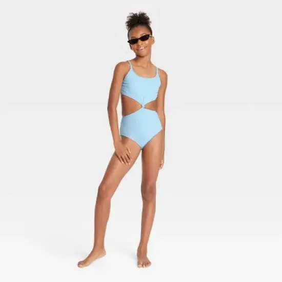 Girls' Warm Days Ahead Solid One Piece Swimsuit - art class&trade; Light Blue image {2}
