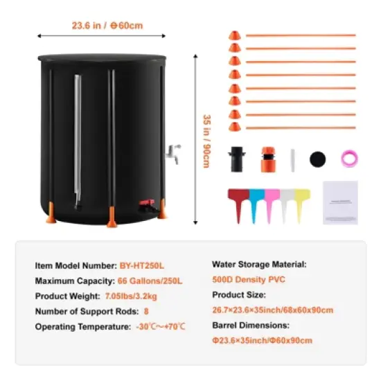 VEVOR Collapsible Rain Barrel, 66 Gallon/250 L Portable Rain Water Collection Barrel, PVC Rainwater Collection System with Spigots and Overflow Kit image {7}