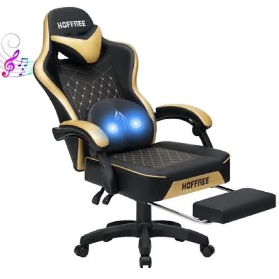 Hoffree Leather Massage Gaming Chair Ergonomic Office PC Chair with Bluetooth Speaker & Footrest image {13}