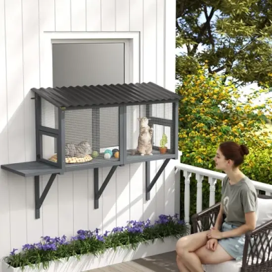 PawHut Outdoor Cat Catio, Wooden Cat Enclosure Window Perch with Jumping Platform, for Safely Enjoying Outdoor Sights, Playing, Sunbathing, Napping image {2}