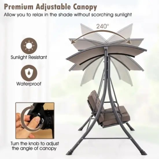Tangkula 3-Seat Outdoor Porch Swing w/ Adjustable Canopy Thickened Cushions Metal Frame image {2}