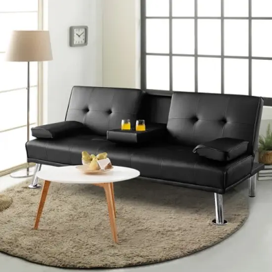 Costway Convertible Folding Futon Sofa Bed Leather w/Cup Holders&Armrests White\Black\Brown image {1}