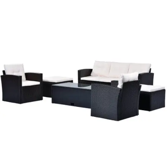 6pc Wicker Patio Conversation Set with Sofa, Arm Chairs, Ottomans & Coffee Table  - Black/Beige - GODEER image {5}