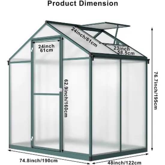Sturdy Greenhouse, 6.25'x8' Shatterproof Polycarbonate with Large 24"x23" Roof Vent, Easy Setup image {6}