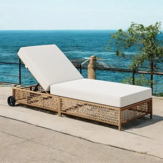 Mshliw Outdoor Lounge Chair with 5-Position Backrest, Rattan Chaise Lounge with Cushion and Wheels for Poolside, Backyard & Garden image {14}