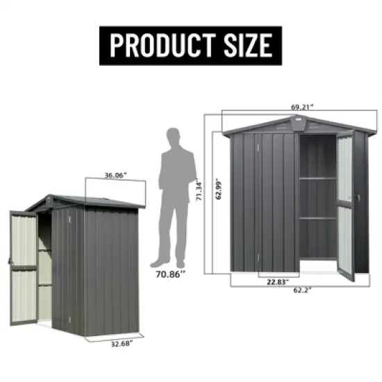 HANPURE Outdoor Storage Shed 5.7x3 FT, Metal Tool Shed with Lockable Double Door for Patio, Backyard, Garden, Lawn, Dark Gray image {6}