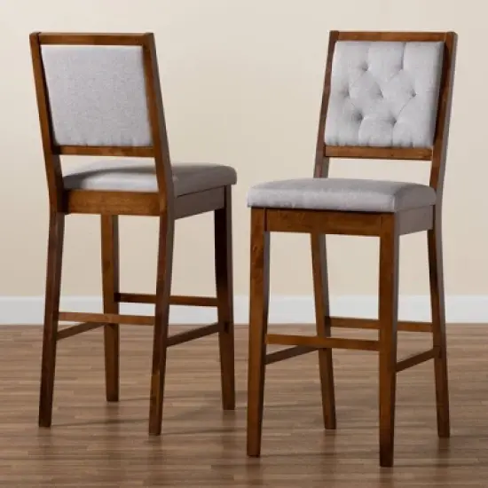 2pc Gideon Fabric Upholstered and Wood Barstool Set Gray/Walnut Brown - Baxton Studio image {7}
