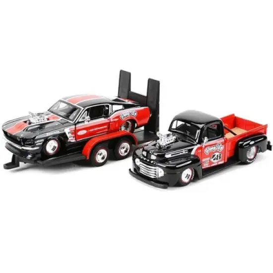 1948 Ford F-1 Pickup #48 & 1967 Ford Mustang GT & Flatbed Trailer "Pony Up" Red & Black Set of 3 pcs 1/24 Diecast Models Maisto image {2}