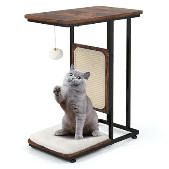 Tangkula Cat Tree & C- Shaped Cat Side Table w/ Scratching Board Hanging Toy Rustic Brown image {9}