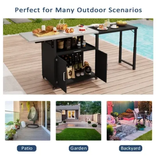 Patio Storage Cabinet, Outdoor Steel Kitchen Islands Serving Carts with Folding & Expandable Work Surfaces, Lockable Wheels, Matte Black -ModernLuxe image {6}