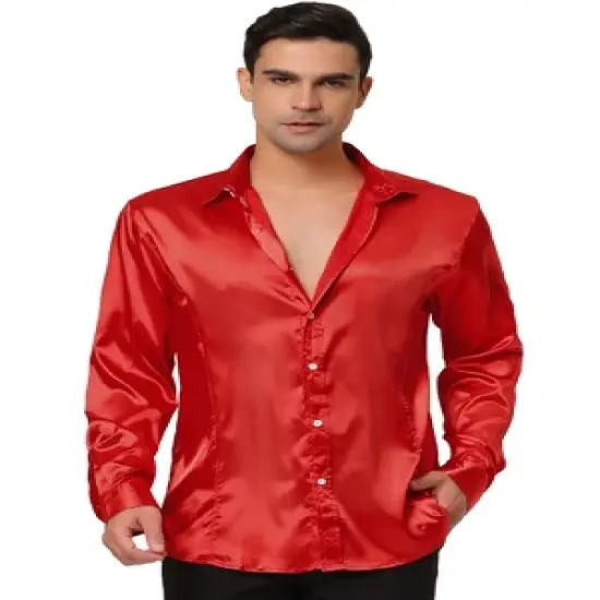 Lars Amadeus Men's Dress Satin V Neck Long Sleeves Button Down Slim Fit Prom Party Shirts image {8}