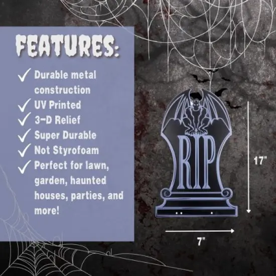 3-D Halloween Metal Tombstone (RIP) - (16.75" Tall w Stakes)-Durable, Weatherproof, UV Printed Lawn Decor - No More Flimsy Foam Headstones image {2}