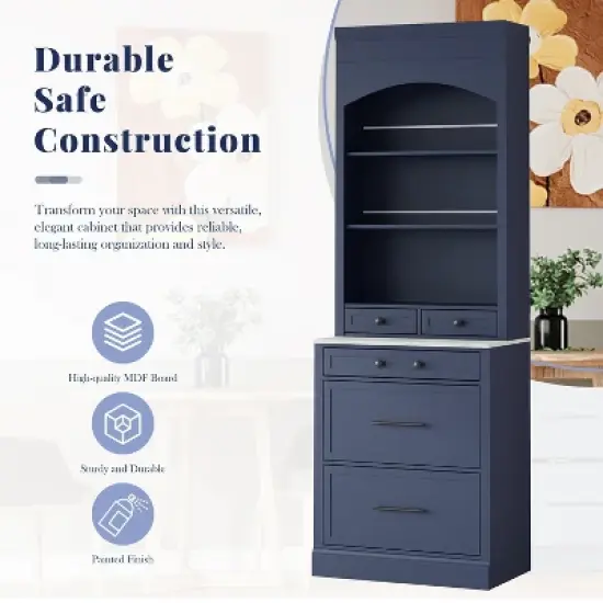 APRILSOUL Blue Modern Kitchen Pantry, Freestanding Tall Kitchen Hutch with Faux Marble Top, Display Cupboard Cabinet with 5 Storage Drawers image {7}