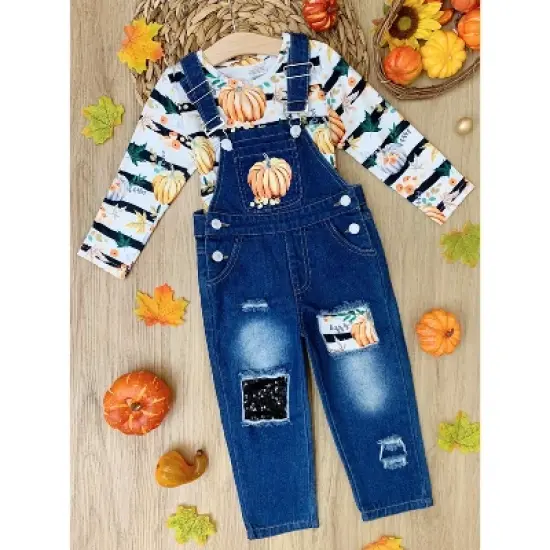 Girls Chic Pumpkin Sequin Patched Overall Set - Mia Belle Girls image {1}