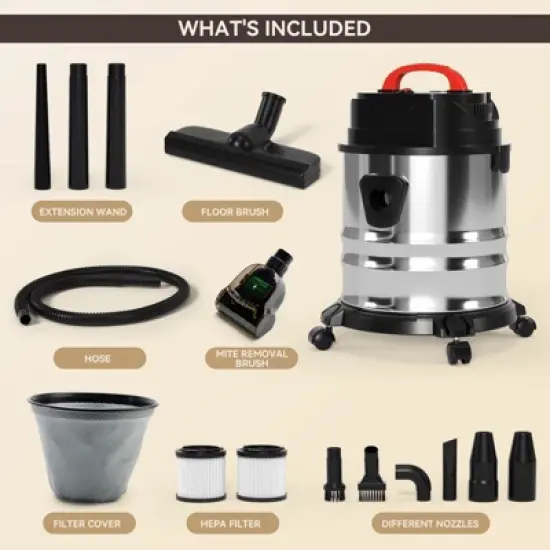 Topteng 5 Gallon Steel Stainless Wet/Dry Canister Vac Shop Vacuum Cleaner 1800W image {8}