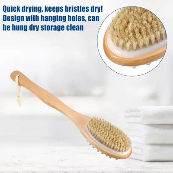 Unique Bargains Double Sided Bath Brush Wood Back Scrubber with Long Handle for Shower 14.6 Inches Brown 1 Pcs image {2}