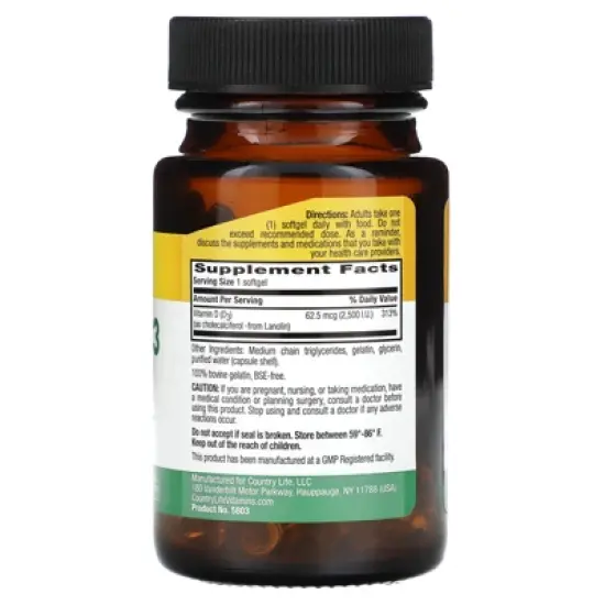Country Life Vitamin D3, 62.5 mcg (2,500 IU), 60 Softgels image {1}