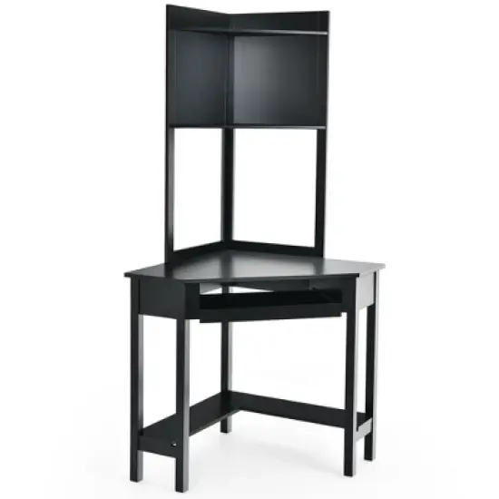 Costway Corner Computer Desk Triangle Study Desk w/ Hutch & Keyboard Tray image {9}
