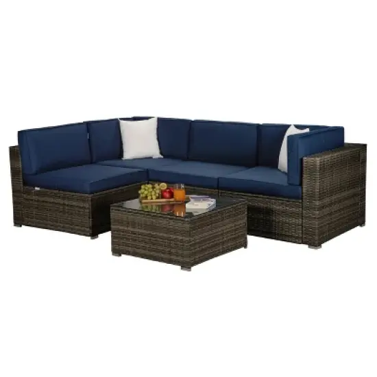 5pc Outdoor Rattan Wicker Sectional Conversation Set with Cushions - Brown/Blue - GODEER image {3}