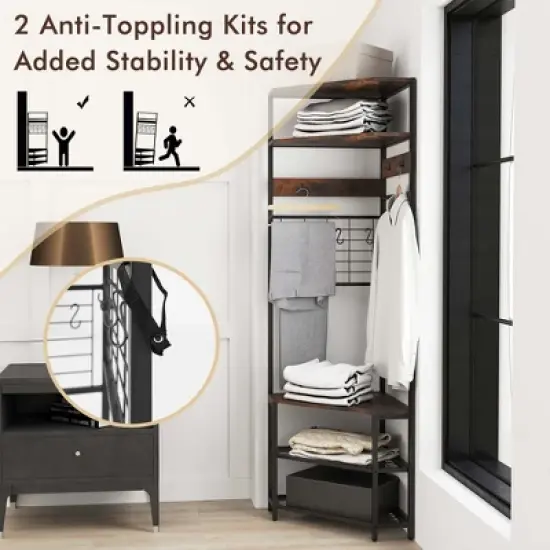 Tangkula 5-Tier Corner Hall Tree w/ Shoe Storage Bench 12 Metal Hooks for Living Room Brown image {4}
