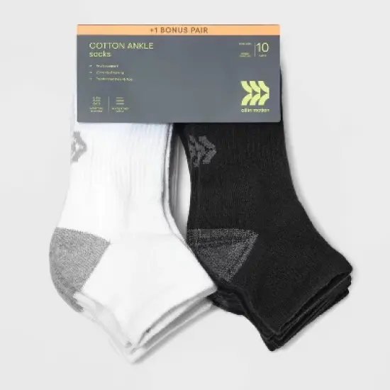 Women's Cushioned 10+1 Bonus Pack Ankle Athletic Socks - All in Motion&trade; White/Black 4-10 image {2}