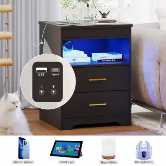 Fredees Night Stand with Drawer, Charging Bedside Table with USB & Type-C Port, LED Nightstand with Human Sensor Light. image {6}