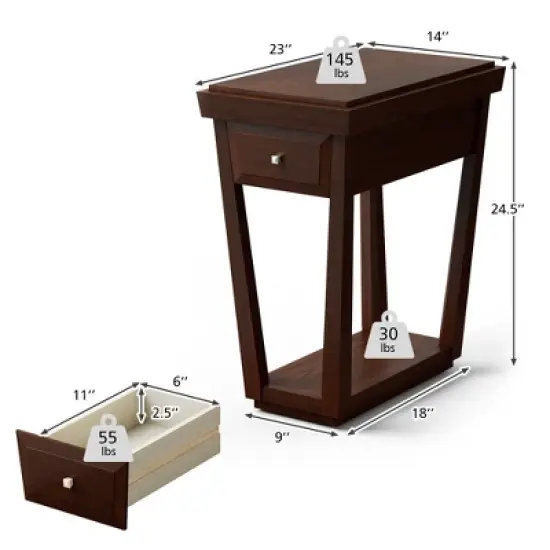 Tangkula 2 Tier End Side Table Nightstand with Drawer Shelf Rubber Wood Classic Espresso image {8}